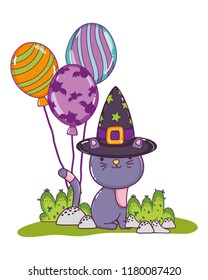 nice cat with witch hat and balloons