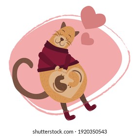 Nice cats  family. Cat mommy with a kitten. Pregnant cat. Twins inside mother. Motherhood design card. Llittle baby kitten. Happy Mothers day. Funny Kawaii animal family. Cute cartoon pet character.