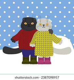 Nice cats in winter day illustration cute animals season art print 
