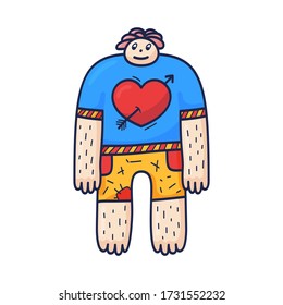 A nice character guy with a heart on a T-shirt. Vector illustration is hand-drawn in cartoon doodle style for romantic postcards