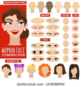 Nice cheerful girl. Woman face constructor. Cartoon vector style. Creation of spare parts. Different hairstyles and hair color, eyes, eyebrows, lips, nose, head shape and skin color.