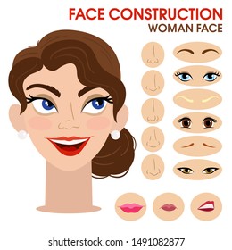 Nice cheerful girl. Woman face constructor. Cartoon vector style. Creation of spare parts. Different eyes, eyebrows, lips, nose. Character. Vector.