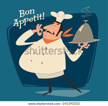 Nice Chef serving the dish. Retro style vector illustration