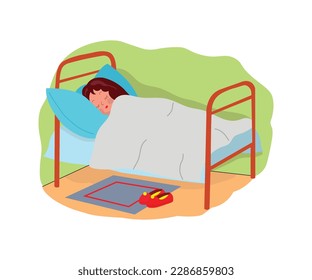 Nice child dreaming in bedroom at night. Cute girl rsleeping on pillow under cozy blanket. Flat vector illustration