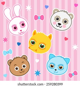 Nice Childish Background. Cat, Panda, Fox, Bear, Rabbit. Seamless Vector Pattern. Baby Animals Playing Together. Baby Animal For Kids. Baby Animals Pictures. Baby Animal Faces. Baby Animal Mask.