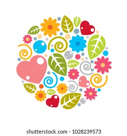 Nice childish circle composition of flowers, hearts and leaves, vector design.