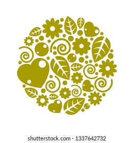 Nice childish circle composition of flowers, hearts and leaves, vector design.