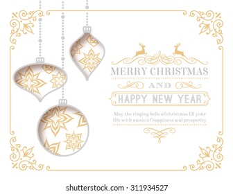 A nice Christmas Greeting Card with 3 cut out christmas baubles decorated with snowflakes