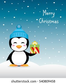 Nice Christmas penguin with gift and winter hat