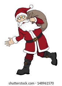 Nice Christmas Santa Claus running with presents, vector illustration