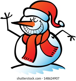Nice Christmas snowman wearing Santa hat and red scarf while greeting and grinning proudly
