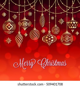 Una bonita textura navideña con baubles navideños y copos de nieve sobre un fondo rojo con efectos de bokek