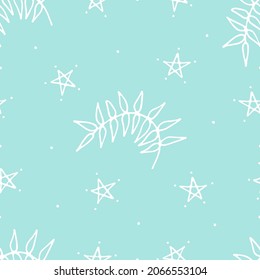 Nice Christmas vector pattern. Elegant white contours of branches with leaves and stars with dots on a blue background. Cute, delicate and versatile Winter New Year Holiday pattern or print