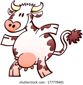 Nice chubby cow with long tail, brown spots and a big udder while walking and smiling animatedly