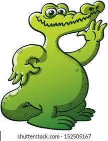 Nice chubby green crocodile with big mouth raising his left hand to wave hello while smiling shyly in a very nice attitude