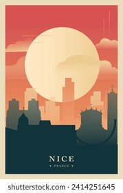 Nice city brutalism poster with abstract skyline, cityscape retro vector illustration. France, French Riviera town travel front cover, brochure, flyer, leaflet, business presentation template image