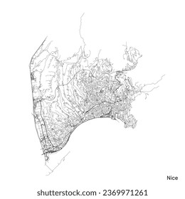 Nice city map with roads and streets, France. Vector outline illustration.