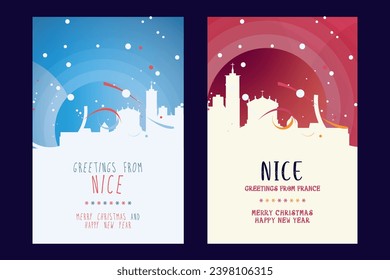 Nice city poster with Christmas skyline, cityscape, landmarks. Winter France, Côte d'Azur town holiday, New Year vertical vector layout for brochure, website, flyer, leaflet, card