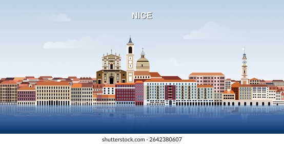 Nice city skyline on gradient beautiful day sky background. Vector illustration