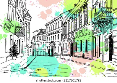 Nice city street in hand drawn sketch style. Vilnius, Lithuania. Old European city. Urban landscape. Vector illustration on colorful blobs background. Without people.