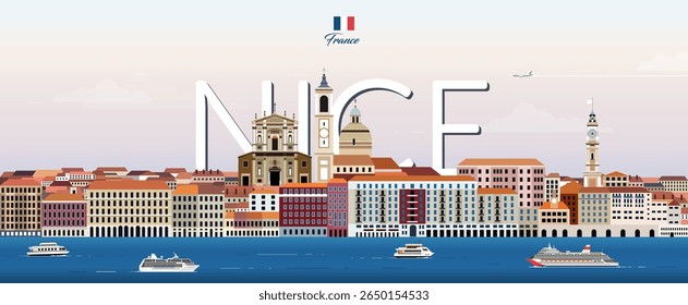 Bela paisagem urbana ilustração vetor colorido com o nome da cidade grande no fundo. Cartaz da moda da viagem