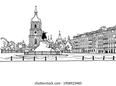 Nice cityscape of the old Kiev, Ukraine. Urban landscape in hand drawn sketch style. Ink line sketch. Vector illustration on white.