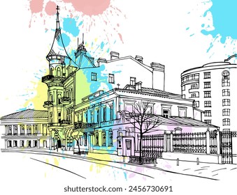 Nice cityscape of the old Kiev, Ukraine. Urban landscape in hand drawn sketch style. Ink line sketch. Vector illustration on colorful blobs. Postcard style. Urban sketch. Without people.