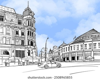 Paisagem urbana agradável do velho Kiev, Ucrânia. Paisagem urbana em estilo de esboço desenhado à mão. Esboço de linha de tinta. Ilustração vetorial em branco. Estilo do cartão postal. Esboço urbano. Sem pessoas.