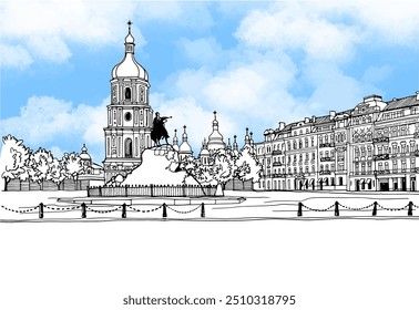 Paisagem urbana agradável do velho Kiev, Ucrânia. Paisagem urbana em estilo de esboço desenhado à mão. Esboço de linha de tinta. Ilustração vetorial em branco.