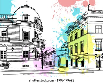 Nice cityscape of old Odessa, Ukraine. Urban landscape in hand drawn sketch style. Ink line sketch. Vector illustration on digital blobs background. Without people.