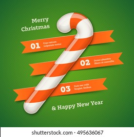 Nice clean Christmas infographic template. Vector winter seasonal business presentation layout. Cute design Christmas staff mint candy with stripes and ribbons, containing copyspaces with sample text.