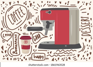 Nice coffee Machine with a mug. Clipart with coffee symbols: Americano, Cappuccino, Matcha, Black, Latte, Espresso. Poster for cafe and kitchen in Doodle circle. With cute captions: Love, Coffee