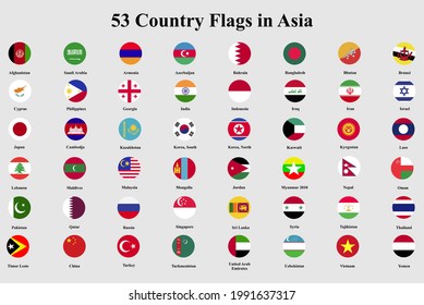 Nice collection of asia continent national flag high detail with round shape