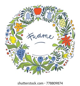 A nice colored frame of berries, fruits and plants in a cartoon style with a blue stroke. Vector illustration.