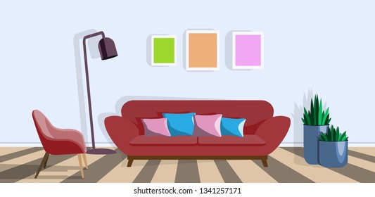 Nice colorful bedroom design. Interior of a room with a bed with a bedside tables and paintings. Vector illustration.