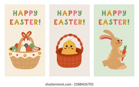 Nice colorful Happy Easter poster set with fluffy bunny, baby chick in basket, painted Easter egg package. Simple collection of springtime banner, cover, background with hand drawn illustration.