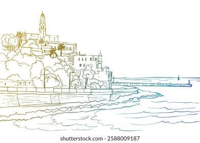 Nice colorful view of the Old Jaffa, Tel Aviv, Israel. Ancient Harbor. Urban landscape. Hand drawn sketch. Line art. Vector illustration on white background.