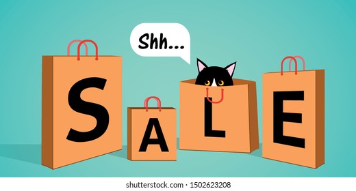 Nice concept for shopping sale.Cartoon cat sitting in a shopping bag. On paper bags written sale. Design for  poster, banner, flyer, invitation.Vector illustration.