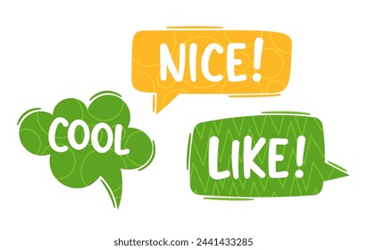 Niza, Fresco Y Como Diálogo De Burbujas De Discurso, Vector De Nubes Amarillas Y Verdes Para Los Cómics Y Novela Gráfica