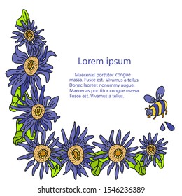 Nice  corner frame of colorful sunflowers and bee in doodle multicolor style. Great for cards, invitations, decoration of social media. Place for your text. Vector illustration on white background
