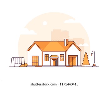 Nice cottage - modern thin line design style vector illustration on white urban background. Orange colored high quality cityscape with small building, lantern, tree, bush, swing. City architecture