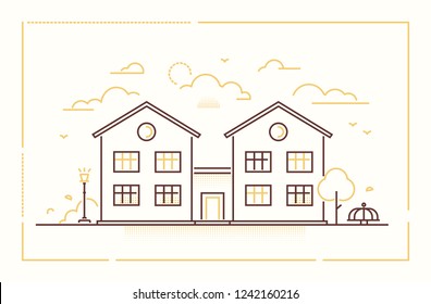 Nice cottage - modern thin line design style vector illustration on white background. Yellow and black linear image, landscape with nice building, lantern, tree, merry go round. City architecture