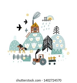 Nice country house on the hill. Rural landscape with hills, trees, flowers, village house, tractor and horse.