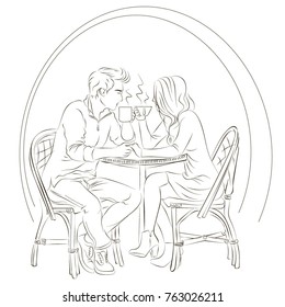 Nice couple in a cafeteria drinking a tea. Black and white drawing.