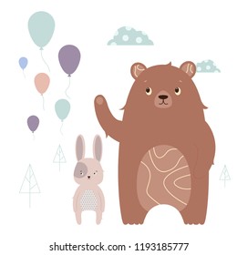 A nice couple of characters say goodbye to the summer. Hare and bear. Flying into the sky balls. Forest animals. Child illustration.