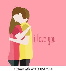 nice Couple embracing and touching each other. 2 vector illustration young hugging with text - i love you. two clean lovers man & woman together on a flat design