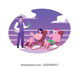 Bonita pareja descansando, tomando el sol en la cubierta de un crucero de lujo, yate. El camarero trajo refrescos. Vacaciones en crucero, concepto turístico. Ilustración vectorial plana vista panorámica del océano azul