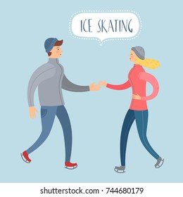 A nice couple is skating. Cartoon flat vector image perfect for your design