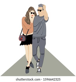 Nice couple in sunglasses walking through the street. Young lovers hug each other on a date. Simple handdrawn sketch of a couple in relationships for design. Illustration of tenderness, love and care