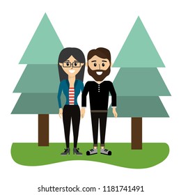 nice couple together with pine trees